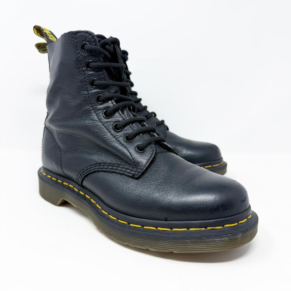Dr. Martens Black Leather Pascal Combat Boots Women's 6 Lace Up Air Cushion Sole